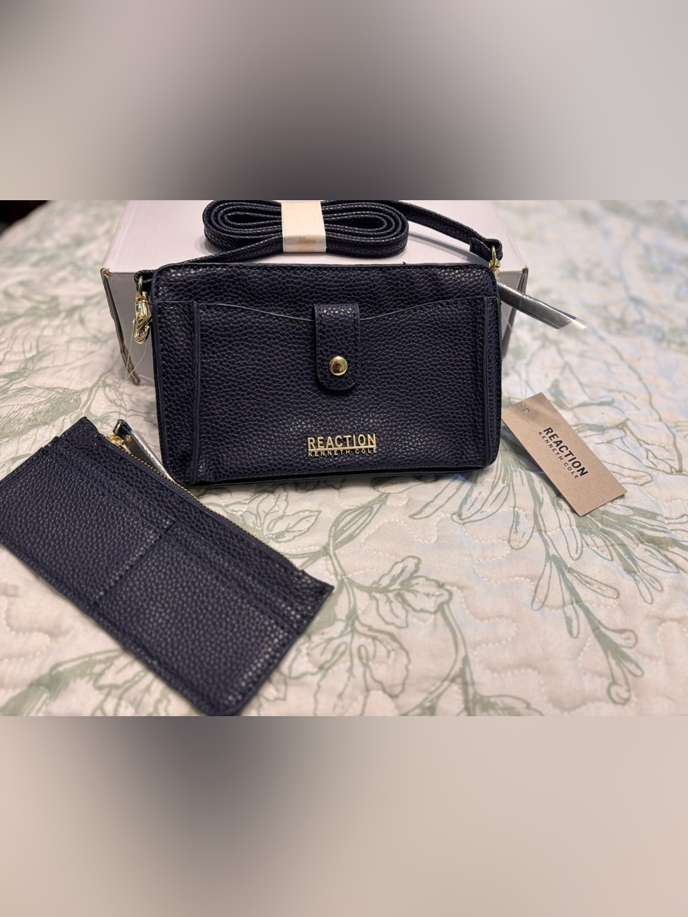 Kenneth Cole Reaction Navy Pebbled Crossbody Wallet with Zip Pouch